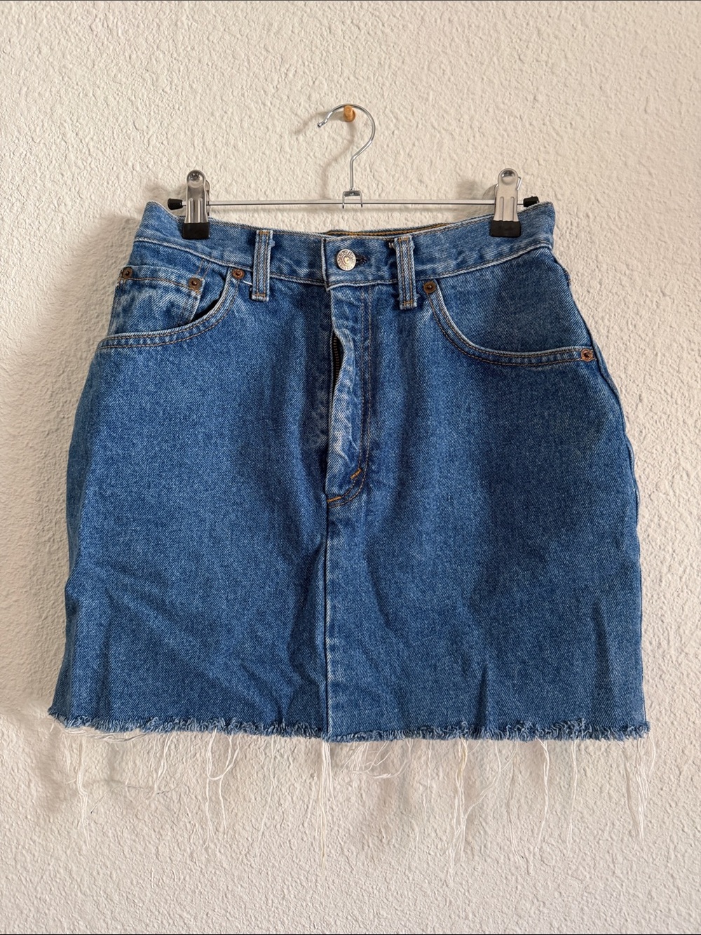 Blue Denim Mini Skirt with Frayed Hem